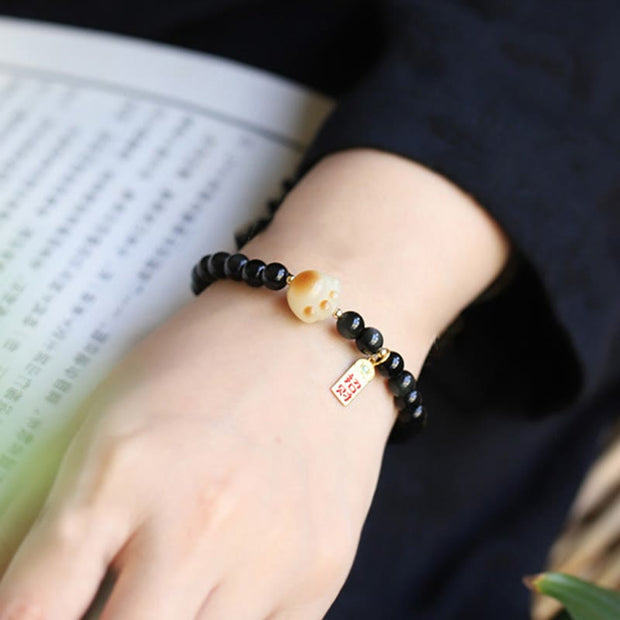 Buddha Stones Black Obsidian Cat Paw Bodhi Seed Lucky Fortune Charm Purification Bracelet Bracelet BS 3