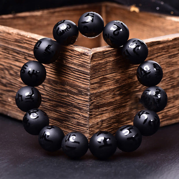 Buddha Stones Natural Black Onyx Om Mani Padme Hum Carved Protection Bracelet