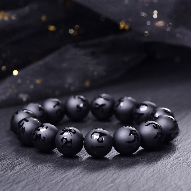 Buddha Stones Natural Black Onyx Om Mani Padme Hum Carved Protection Bracelet Bracelet BS 16mm(Wrist Circumference: 14-17cm)