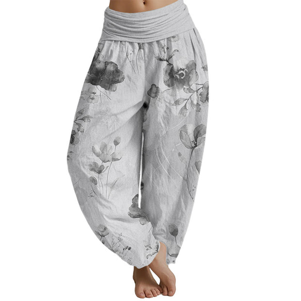 Buddha Stones Blooming Varying Flower Pattern Women's Elastic Waist Harem Pants