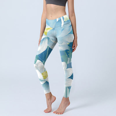 Buddha Stones Blue White Lotus Print Gym Leggings Women's Yoga Pants - Blue - US18，UK/AU22，EU50 (4XL) - image 1