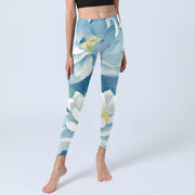 Buddha Stones Blue White Lotus Print Gym Leggings Women's Yoga Pants