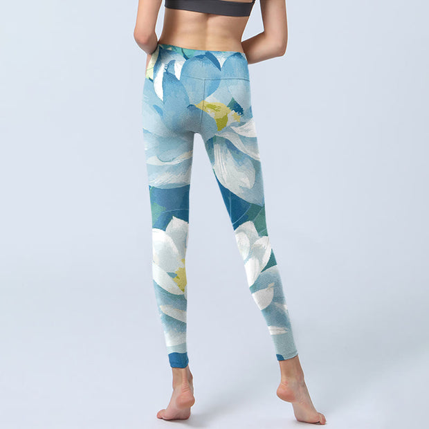 Buddha Stones Blue White Lotus Print Gym Leggings Women's Yoga Pants