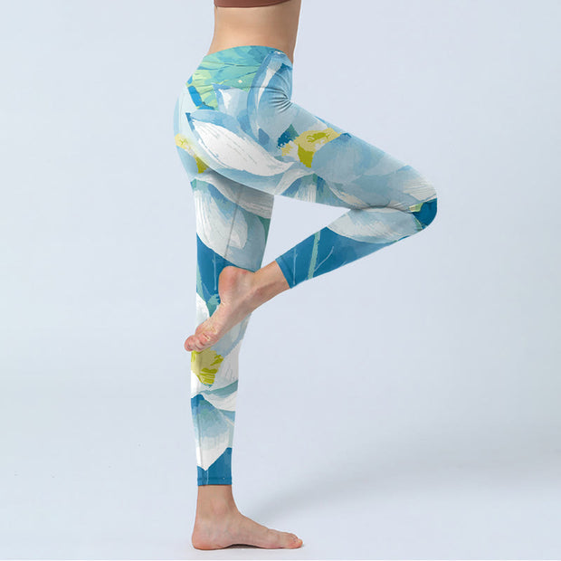 Buddha Stones Blue White Lotus Print Gym Leggings Women's Yoga Pants