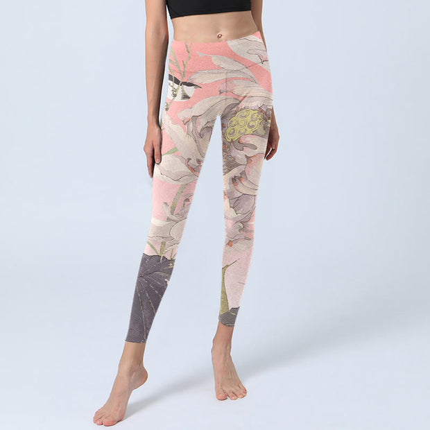 Buddha Stones Withered White Lotus Print Gym Leggings Women's Yoga Pants - image 6