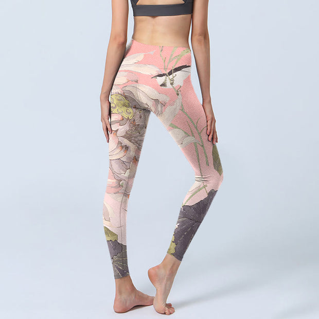 Buddha Stones Withered White Lotus Print Gym Leggings Women's Yoga Pants - image 5