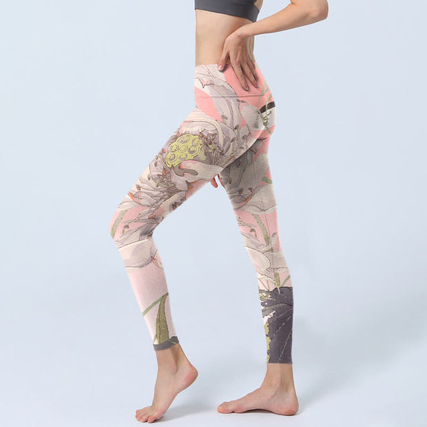 Buddha Stones Withered White Lotus Print Gym Leggings Women's Yoga Pants - image 3
