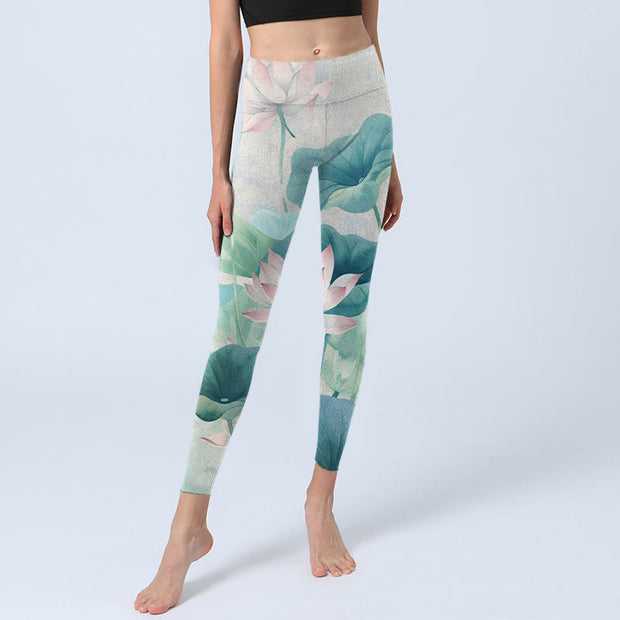 Buddha Stones Blooming  White Pink Lotus Leaves Print Gym Leggings Women's Yoga Pants - image 6