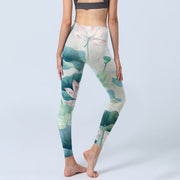 Buddha Stones Blooming  White Pink Lotus Leaves Print Gym Leggings Women's Yoga Pants - image 4