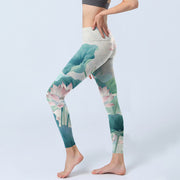 Buddha Stones Blooming  White Pink Lotus Leaves Print Gym Leggings Women's Yoga Pants