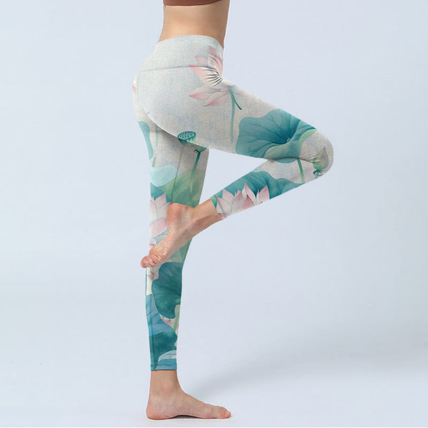 Buddha Stones Blooming  White Pink Lotus Leaves Print Gym Leggings Women's Yoga Pants - image 5