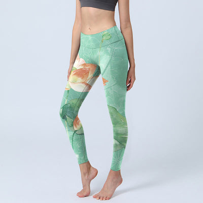 Buddha Stones Lotus Leaves Seed Pods Print Gym Leggings Women's Yoga Pants - MediumSpringGreen - US18，UK/AU22，EU50 (4XL) - image 1