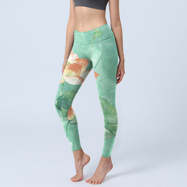 Buddha Stones Lotus Leaves Seed Pods Print Gym Leggings Women's Yoga Pants - MediumSpringGreen - US18，UK/AU22，EU50 (4XL) - image 1