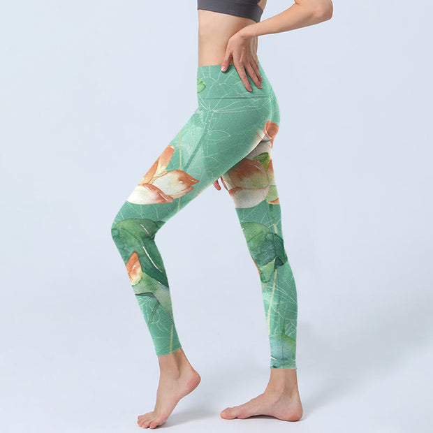 Buddha Stones Lotus Leaves Seed Pods Print Gym Leggings Women's Yoga Pants