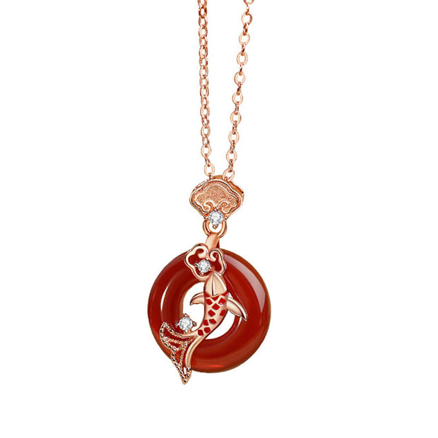 Buddha Stones Red Agate 925 Sterling Silver Ruyi Lock Koi Fish Peace Buckle Calm Necklace Pendant Necklaces & Pendants BS 9