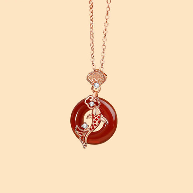 Buddha Stones Red Agate 925 Sterling Silver Ruyi Lock Koi Fish Peace Buckle Calm Necklace Pendant Necklaces & Pendants BS 1