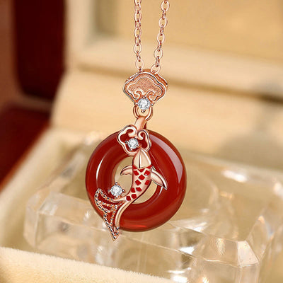 Buddha Stones Red Agate 925 Sterling Silver Ruyi Lock Koi Fish Peace Buckle Calm Necklace Pendant Necklaces & Pendants BS Red Agate 925 Sterling Silver