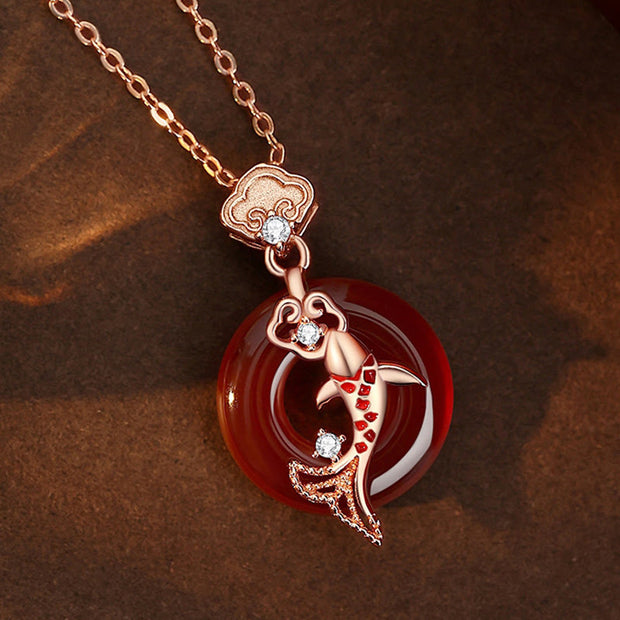 Buddha Stones Red Agate 925 Sterling Silver Ruyi Lock Koi Fish Peace Buckle Calm Necklace Pendant Necklaces & Pendants BS 2