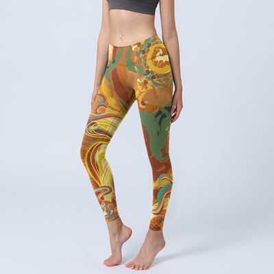 Buddha Stones Golden Auspicious Cloud Waves Print Gym Leggings Women's Yoga Pants - Gold - US18，UK/AU22，EU50 (4XL) - image 1