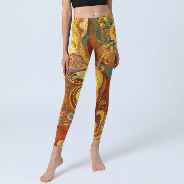 Buddha Stones Golden Auspicious Cloud Waves Print Gym Leggings Women's Yoga Pants - image 6