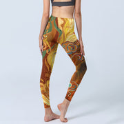 Buddha Stones Golden Auspicious Cloud Waves Print Gym Leggings Women's Yoga Pants