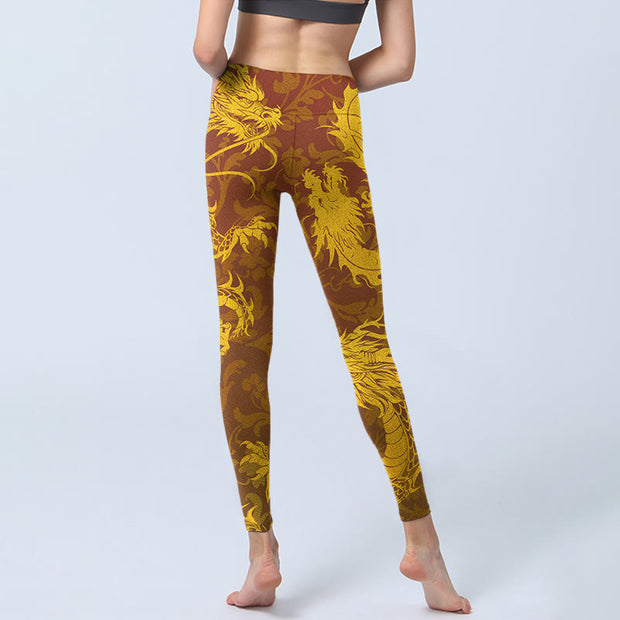 Buddha Stones Golden Dragon Flowers Print Gym Leggings Women's Yoga Pants