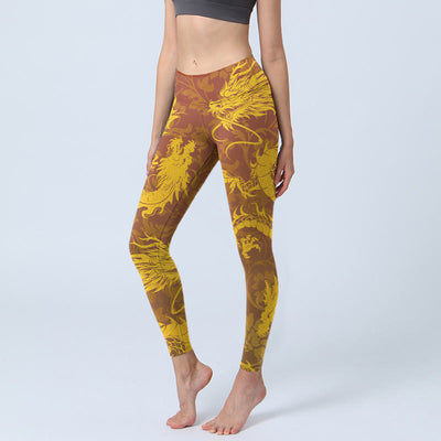 Buddha Stones Golden Dragon Embroidery Print Gym Leggings Women's Yoga Pants