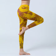 Buddha Stones Golden Dragon Embroidery Print Gym Leggings Women's Yoga Pants