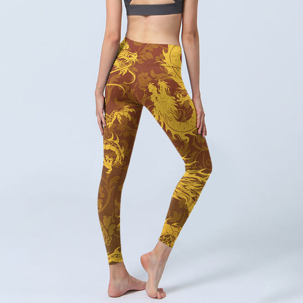 Buddha Stones Golden Dragon Flowers Print Gym Leggings Women's Yoga Pants - image 5
