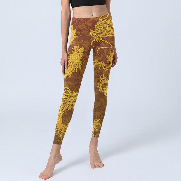 Buddha Stones Golden Dragon Embroidery Print Gym Leggings Women's Yoga Pants