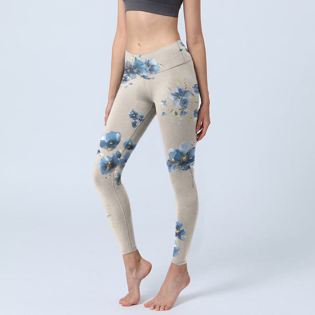 Buddha Stones Dark Blue Flower Gym Leggings Women's Yoga Pants - Wheat - US18，UK/AU22，EU50 (4XL) - image 1