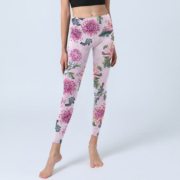 Buddha Stones Pink Chrysanthemum  Gym Leggings Women's Yoga Pants