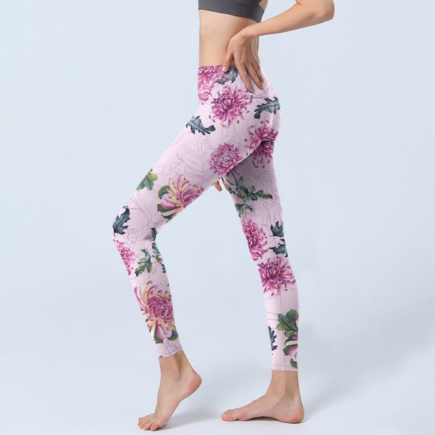 Buddha Stones Pink Chrysanthemum  Gym Leggings Women's Yoga Pants - image 3