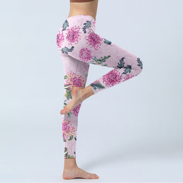 Buddha Stones Pink Chrysanthemum  Gym Leggings Women's Yoga Pants - image 4