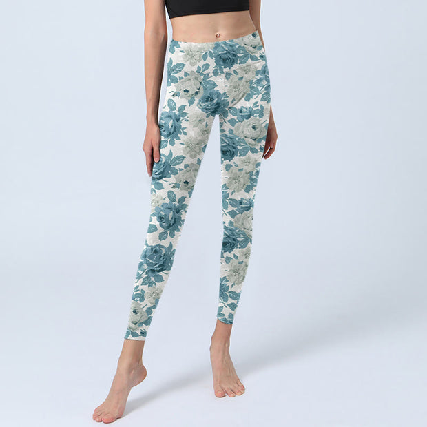 Buddha Stones Green White Flower Gym Leggings Women's Yoga Pants