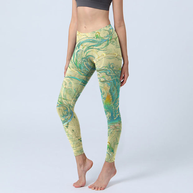 Buddha Stones Blue-green Phoenix Gym Leggings Women's Yoga Pants - GreenYellow - US18，UK/AU22，EU50 (4XL) - image 1