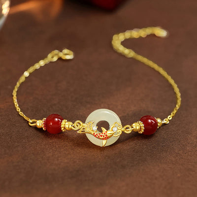 Buddha Stones Natural Hetian Jade 925 Sterling Silver Plated Gold Red Agate Beads Koi Fish Peace Buckle Luck Bracelet Bracelet BS Hetian Jade 925 Sterling Silver Plated 14K Gold Wrist Circumference: 14-17cm