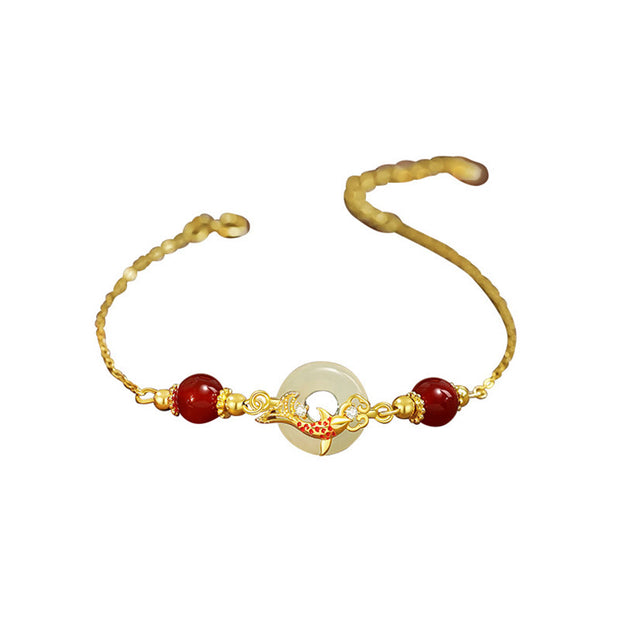 Buddha Stones Natural Hetian Jade 925 Sterling Silver Plated Gold Red Agate Beads Koi Fish Peace Buckle Luck Bracelet Bracelet BS 2