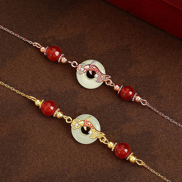 Buddha Stones Natural Hetian Jade 925 Sterling Silver Plated Gold Red Agate Beads Koi Fish Peace Buckle Luck Bracelet