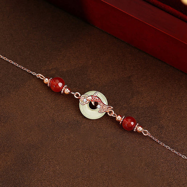 Buddha Stones Natural Hetian Jade 925 Sterling Silver Plated Gold Red Agate Beads Koi Fish Peace Buckle Luck Bracelet Bracelet BS Hetian Jade 925 Sterling Silver Plated Rose Gold Wrist Circumference: 14-17cm