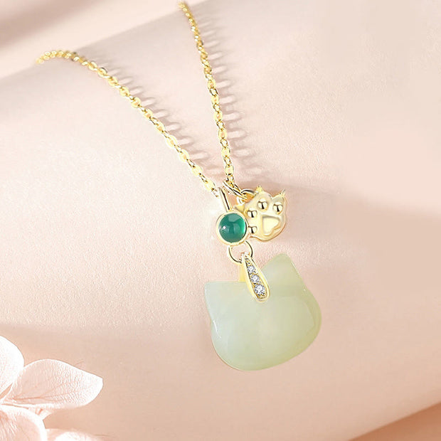 Buddha Stones Hetian Jade 925 Sterling Silver Plated Gold Cat Head Cat Paw Abundance Necklace Pendant Necklaces & Pendants BS Hetian Jade 925 Sterling Silver Plated 14K Gold