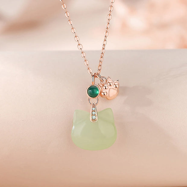 Buddha Stones Hetian Jade 925 Sterling Silver Plated Gold Cat Head Cat Paw Abundance Necklace Pendant