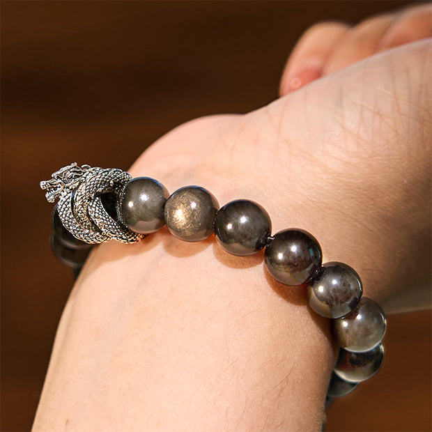 Buddha Stones Silver Sheen Obsidian Dragon Protection Bracelet