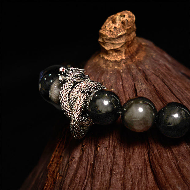 Buddha Stones Silver Sheen Obsidian Dragon Protection Bracelet