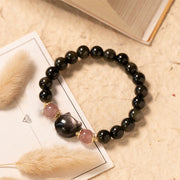 Buddha Stones Black Obsidian Strawberry Quartz Beads Silver Sheen Obsidian Cat Head Strength  Bracelet