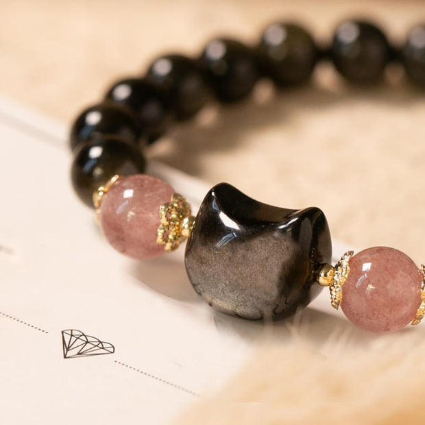 Buddha Stones Black Obsidian Strawberry Quartz Beads Silver Sheen Obsidian Cat Head Strength  Bracelet Bracelet BS 2