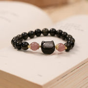 Buddha Stones Black Obsidian Strawberry Quartz Beads Silver Sheen Obsidian Cat Head Strength  Bracelet Bracelet BS 1