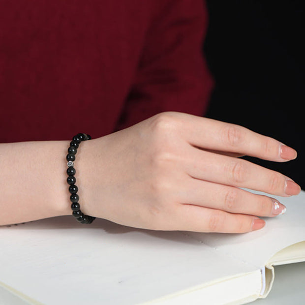 FREE Today: Purification Strength Black Obsidian Bead 925 Sterling Silver Flower Design Bracelet