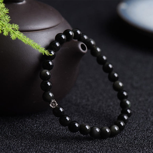 Buddha Stones Black Obsidian Bead 925 Sterling Silver Flower Design Purification Bracelet Bracelet BS 1