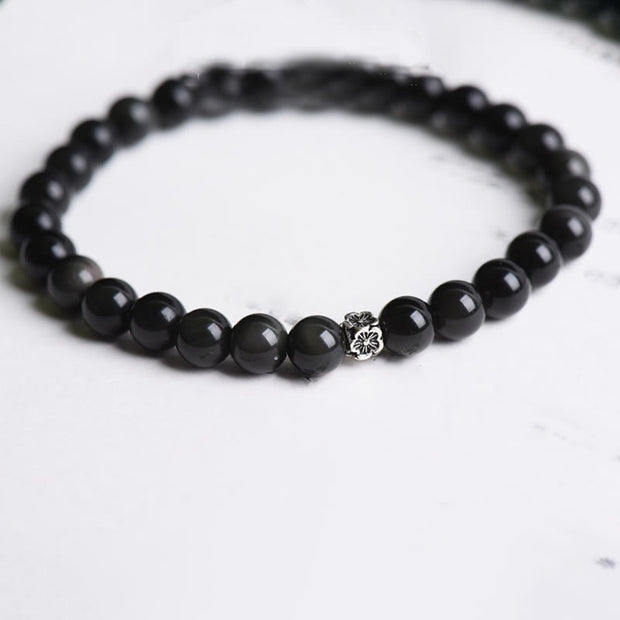 Buddha Stones Black Obsidian Bead 925 Sterling Silver Flower Design Purification Bracelet Bracelet BS 7